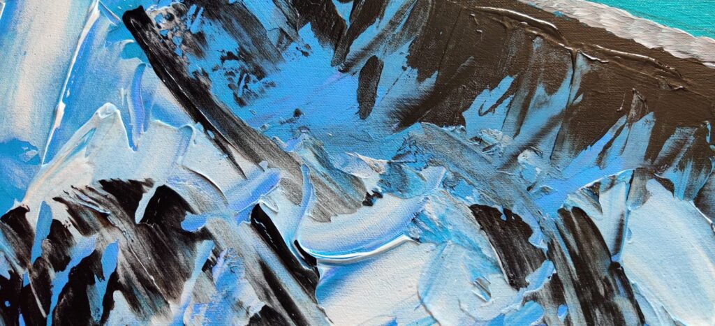 Textured detail of the abstract acrylic painting by Claudiu Chiusbaian named Shapes of the Unknown, showing sky blue paint surrounded by black