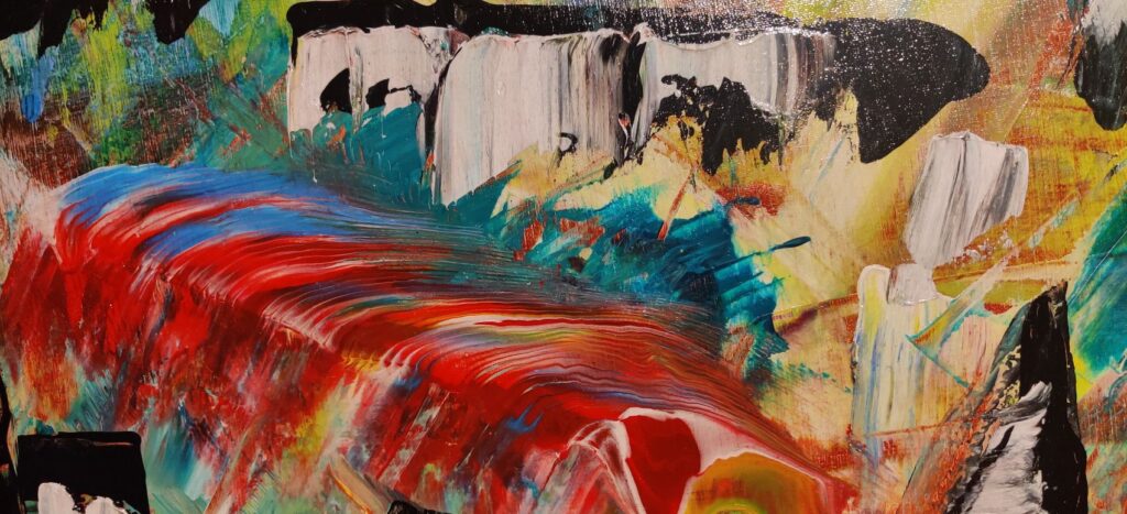 Detail of the abstract acrylic painting Towards the Summit by Claudiu Chiusbaian, shouwing textured brushstrokes, vivid colors and expressive energy